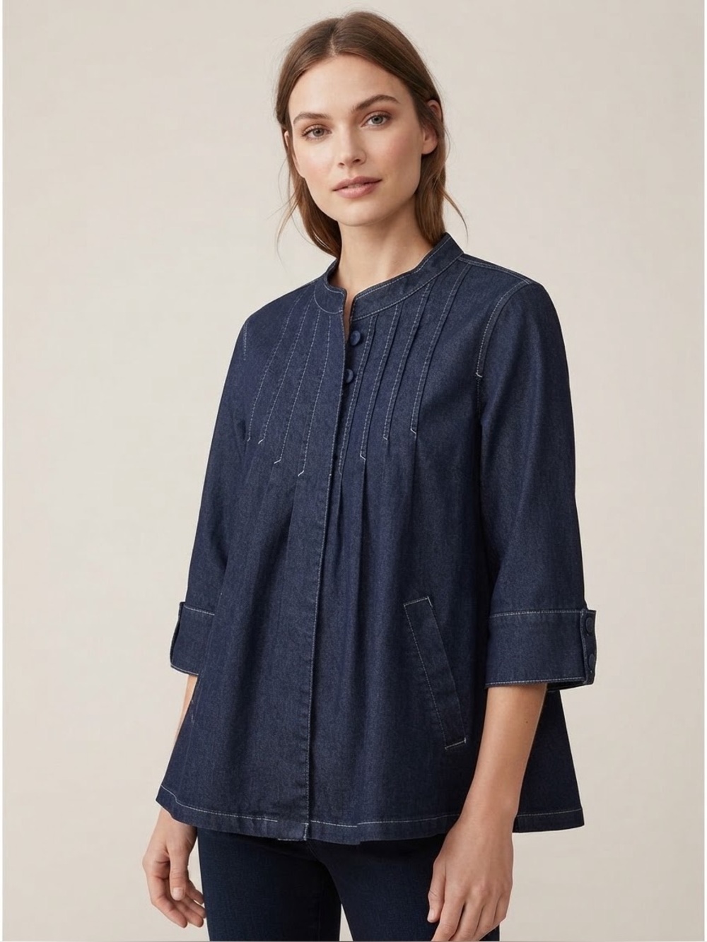 Simply Chloe Dao Denim Swing Jacket Pintuck Top Kimono Sleeves Dark Wash Medium